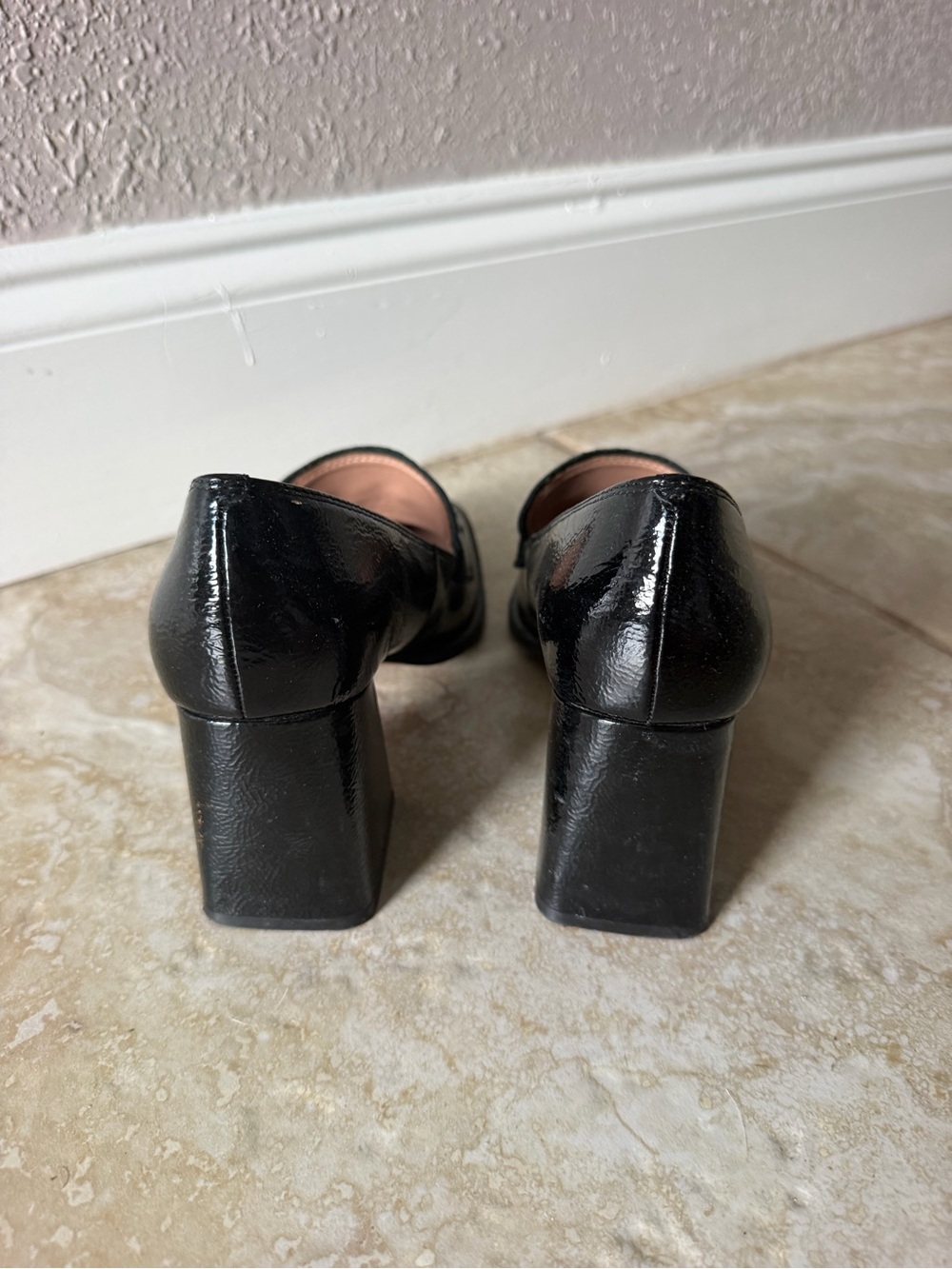 Paolo Black Patent Block Heel Loafers with Gold Chain - Picture 4 of 4
